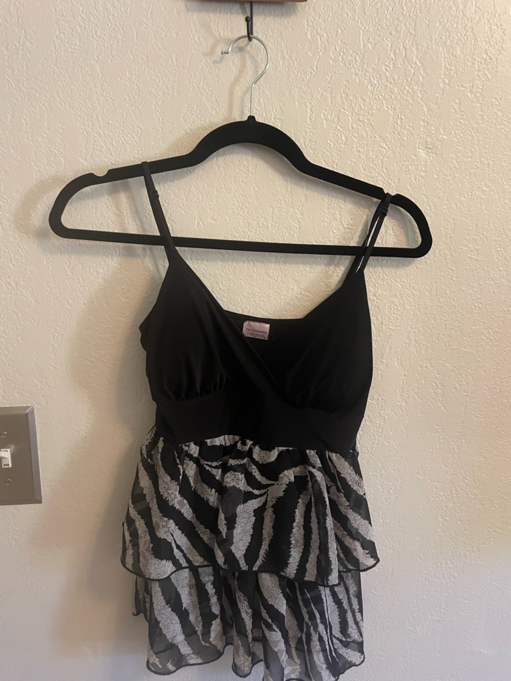 Y2K Black Spaghetti Strap Tiered Zebra Print Dress Top